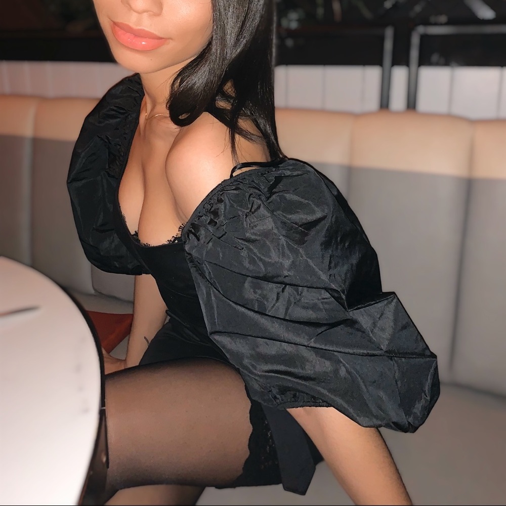 Black Puff Sleeve Belted Dress